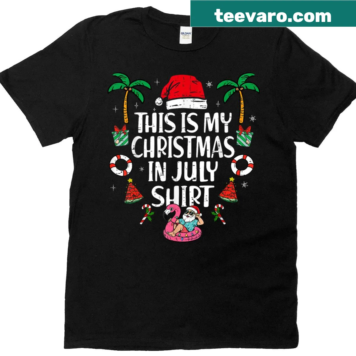 Fun T-shirt with 'This Is My Christmas In July' and Santa graphic. — on a men's t-shirt