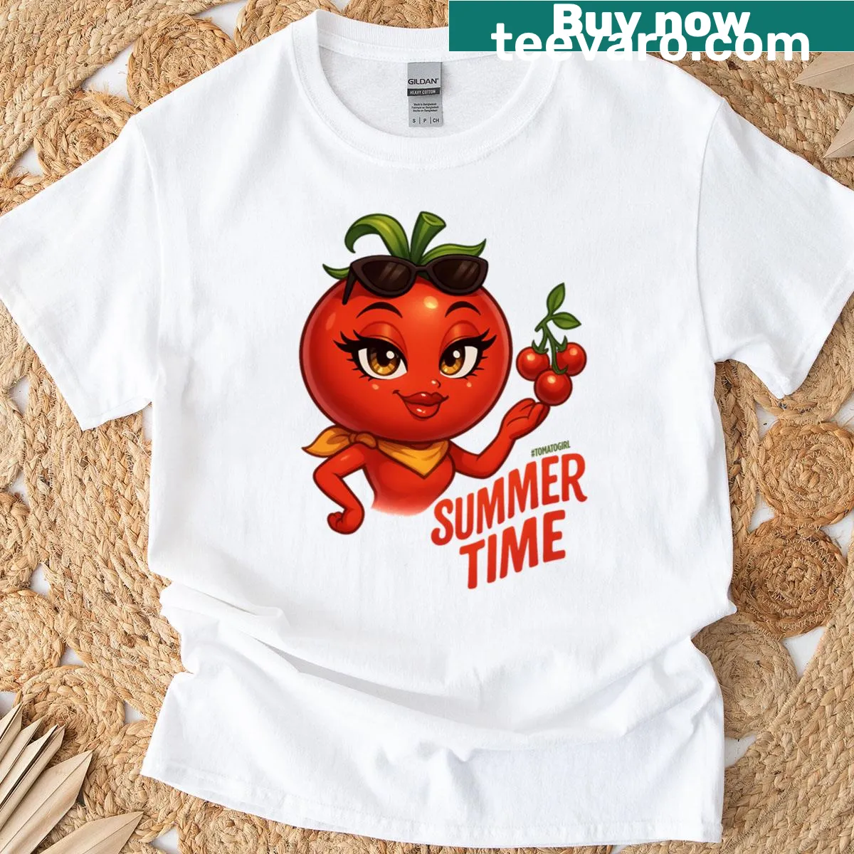 Whimsical 'Tomato Girl' summertime t-shirt design — on a men's t-shirt