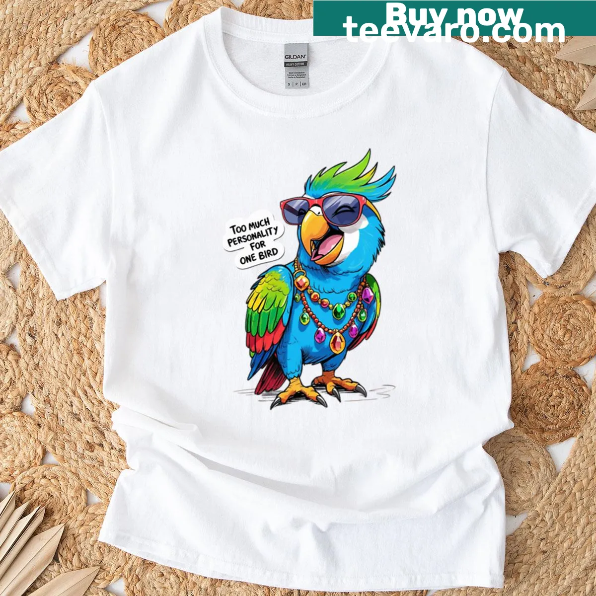 Funny T-shirt with text 'Too Much Personality For One Bird'. — on a men's t-shirt