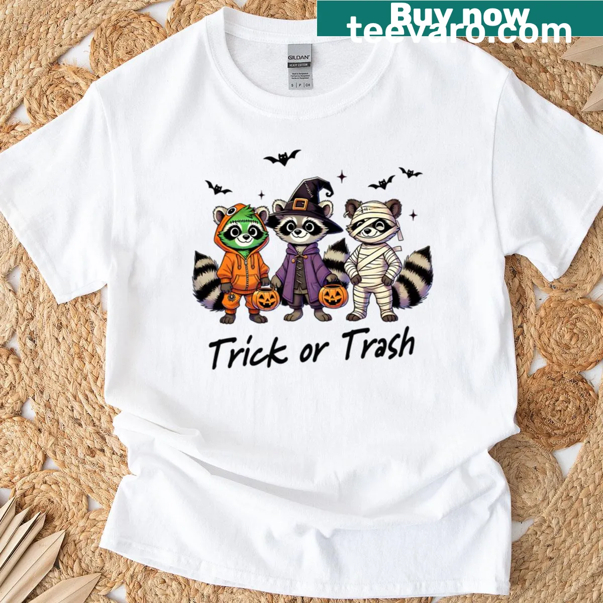Humorous Halloween T-shirt featuring a raccoon and trick-or-treat theme — on a men's t-shirt