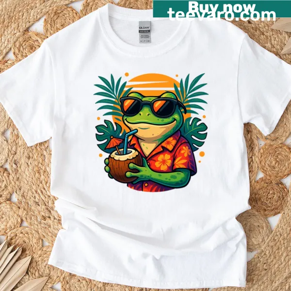 Cool cartoon frog in Hawaiian shirt with a coconut drink