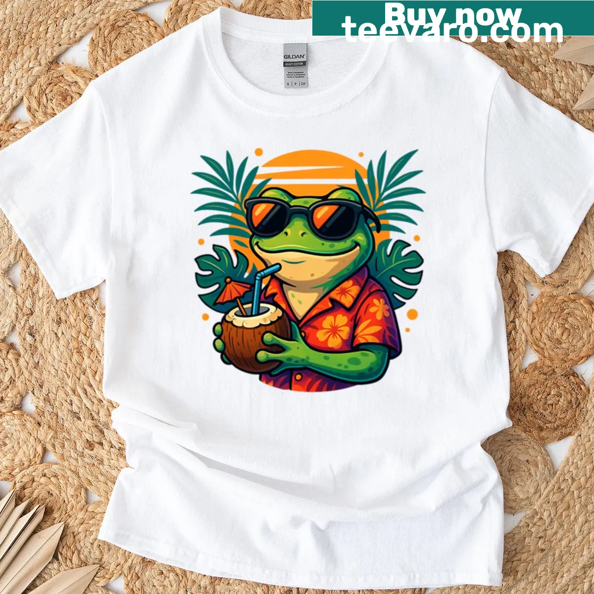 Cool cartoon frog in Hawaiian shirt with a coconut drink — on a men's t-shirt