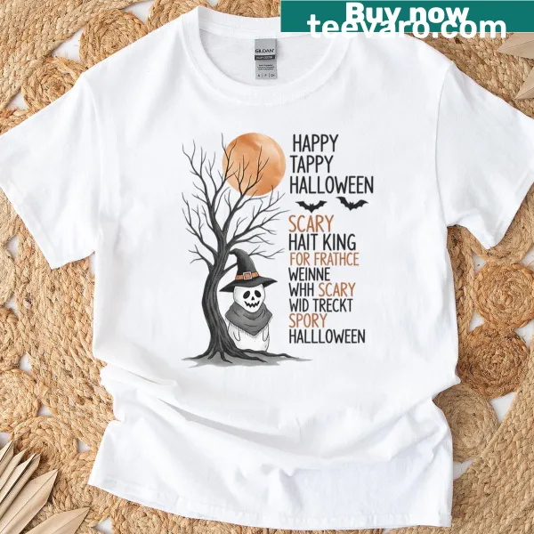 Vintage Halloween T-shirt with cute skeleton, witch, and ghost graphic
