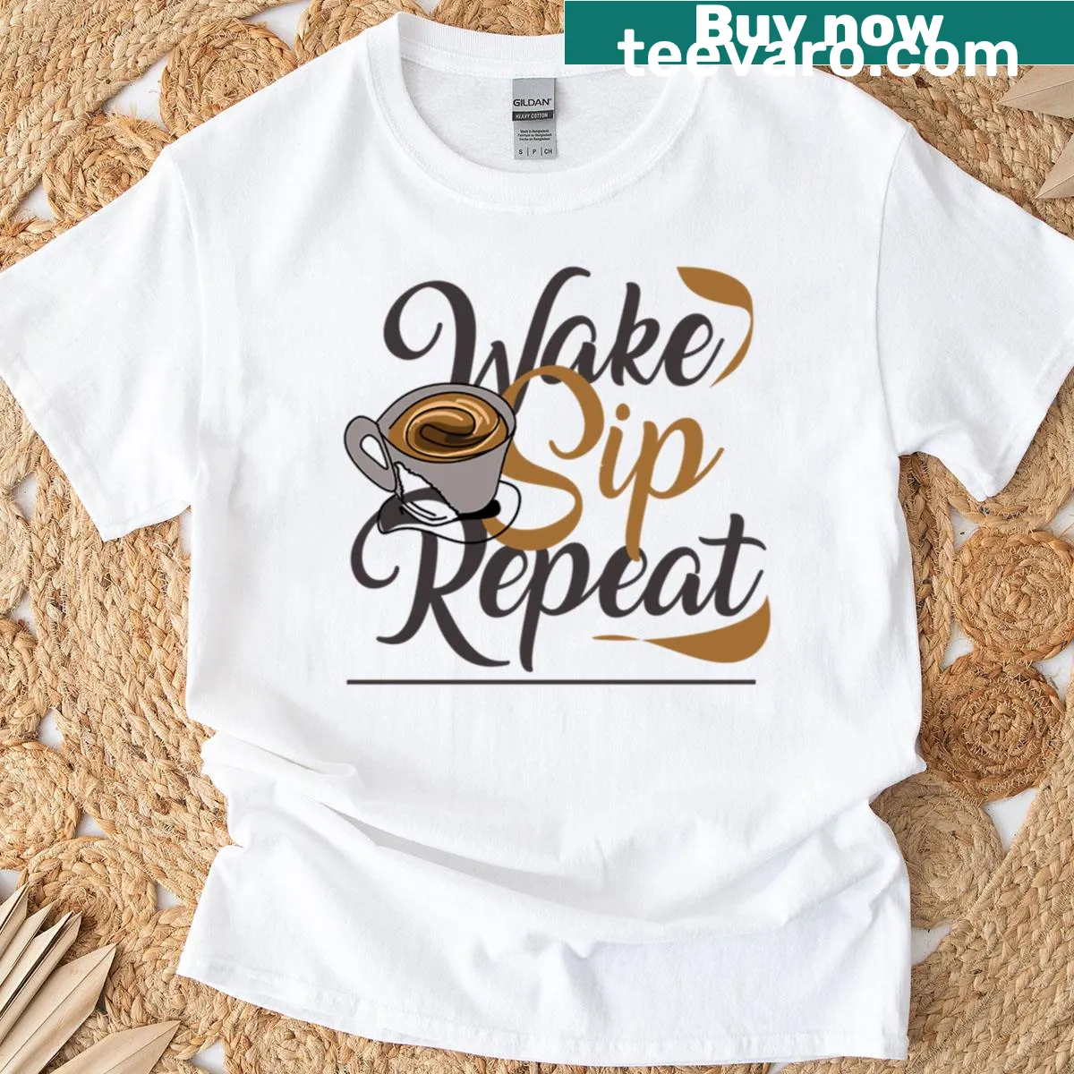 T-shirt featuring playful text about coffee routine — on a men's t-shirt