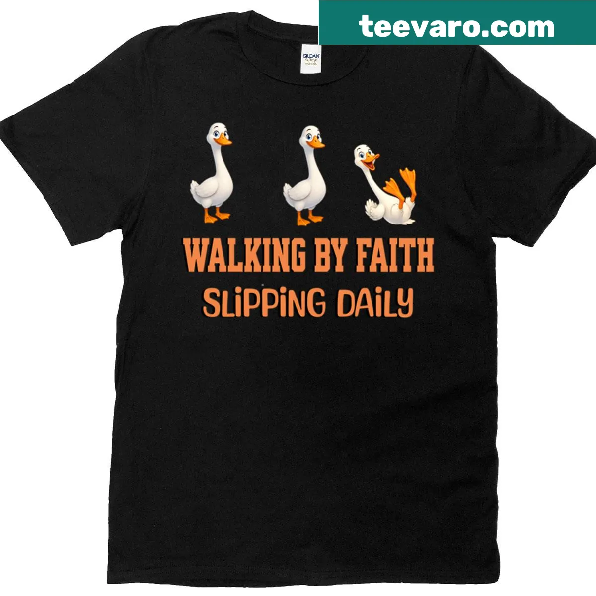 Cute cartoon goose t-shirt with Walking By Faith text — on a men's t-shirt