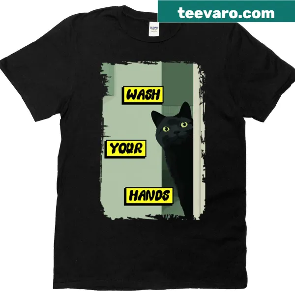 Wash Your Hands t-shirt with a cute black cat design