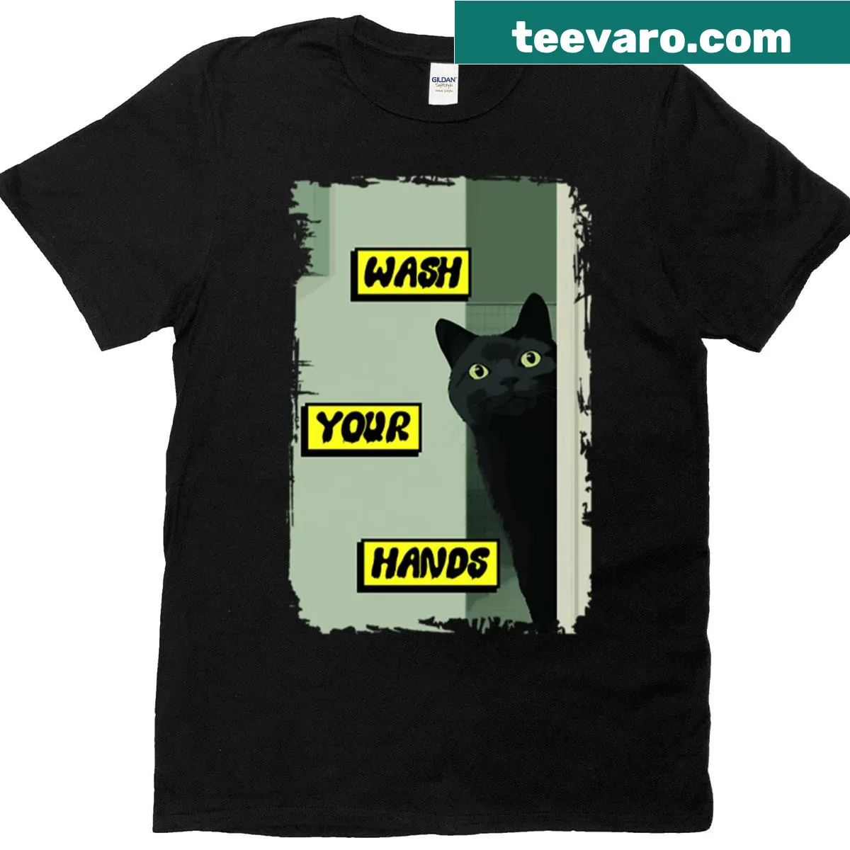 Wash Your Hands t-shirt with a cute black cat design — on a men's t-shirt