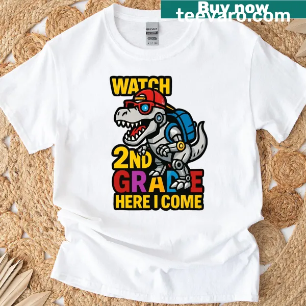 Oversized T-shirt with a cool dinosaur robot design and text for 2nd graders.