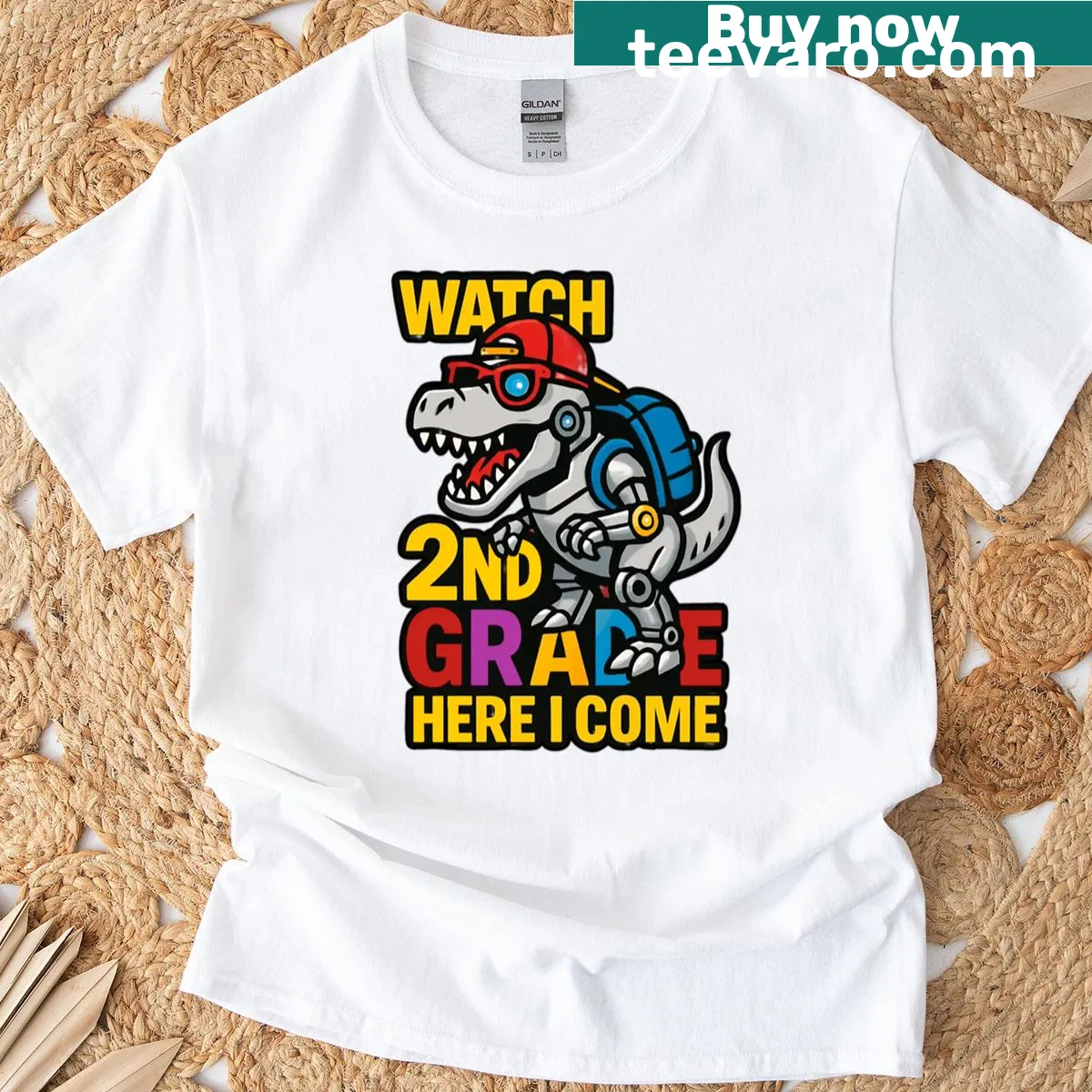Oversized T-shirt with a cool dinosaur robot design and text for 2nd graders. — on a men's t-shirt