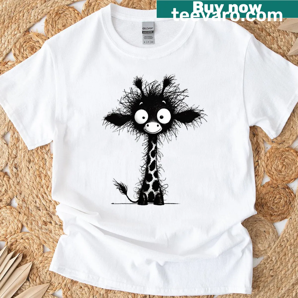 Cute cartoon art of a black giraffe with big eyes on a t-shirt — on a men's t-shirt