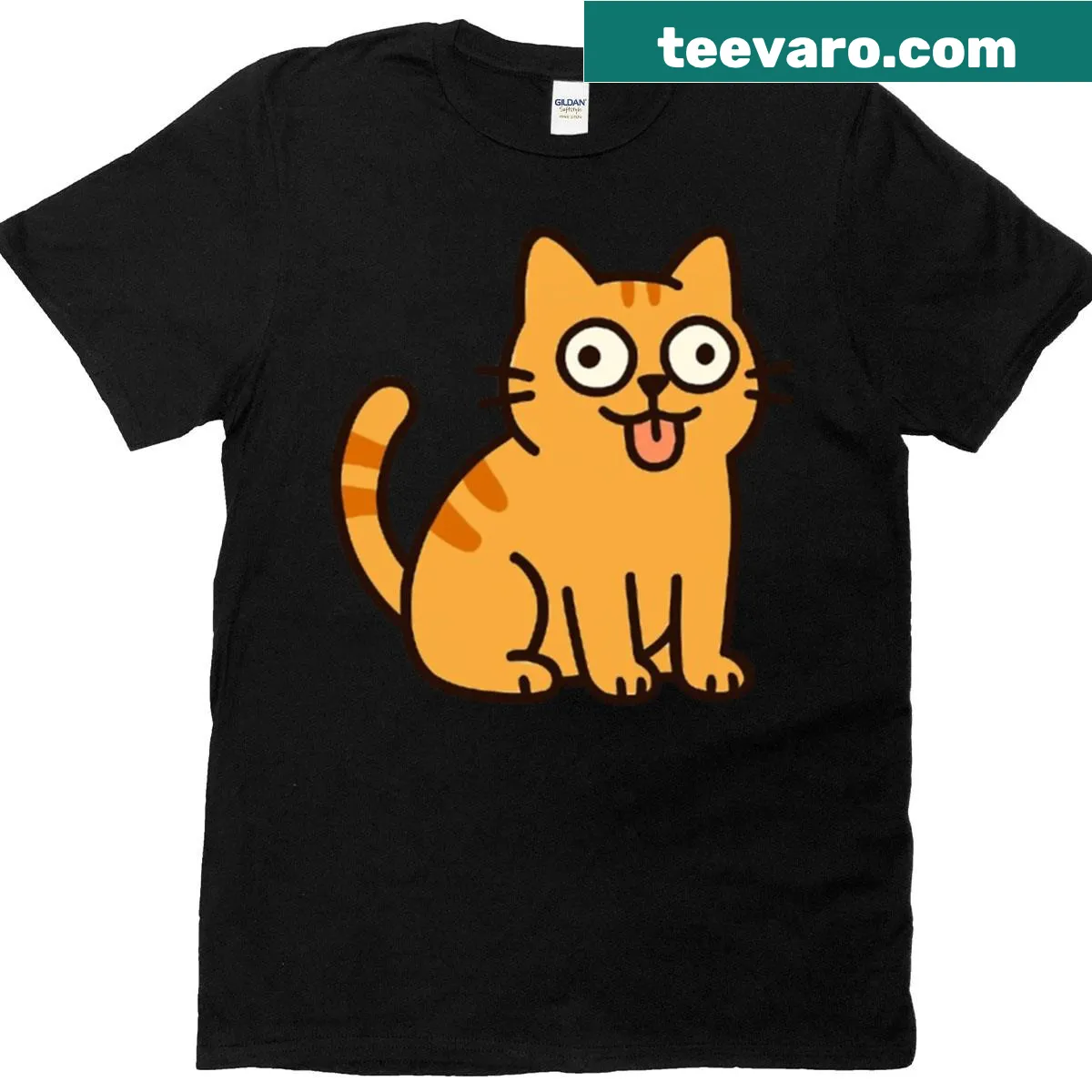 Whimsical cartoon orange cat t-shirt with tongue out — on a men's t-shirt