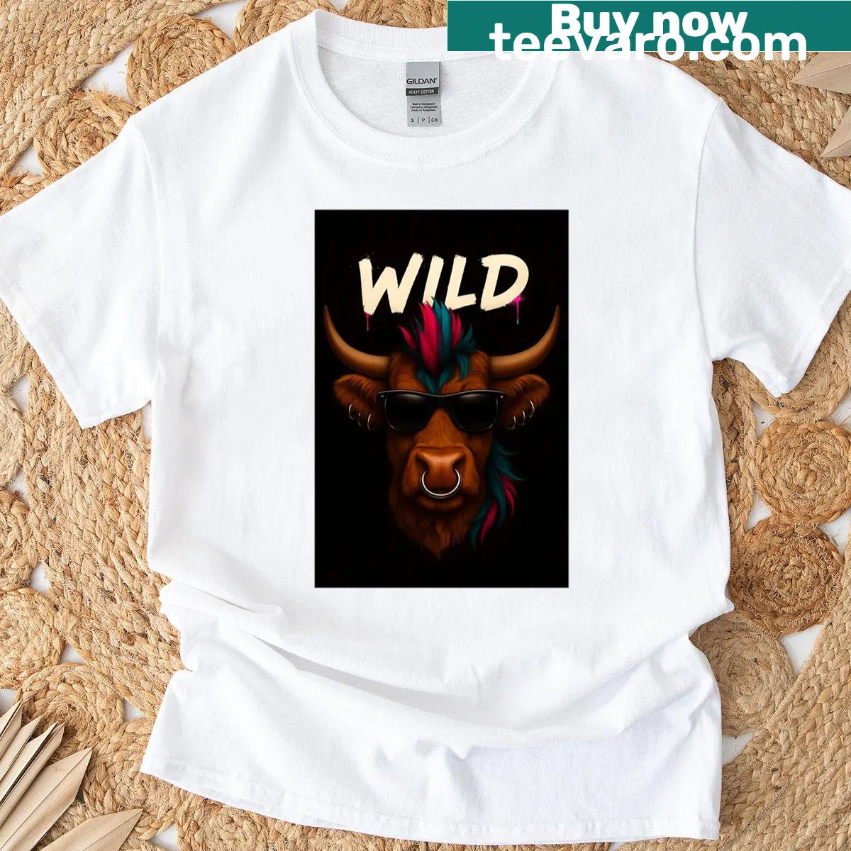 Punk rock style t-shirt featuring a wild Highland cow — on a men's t-shirt