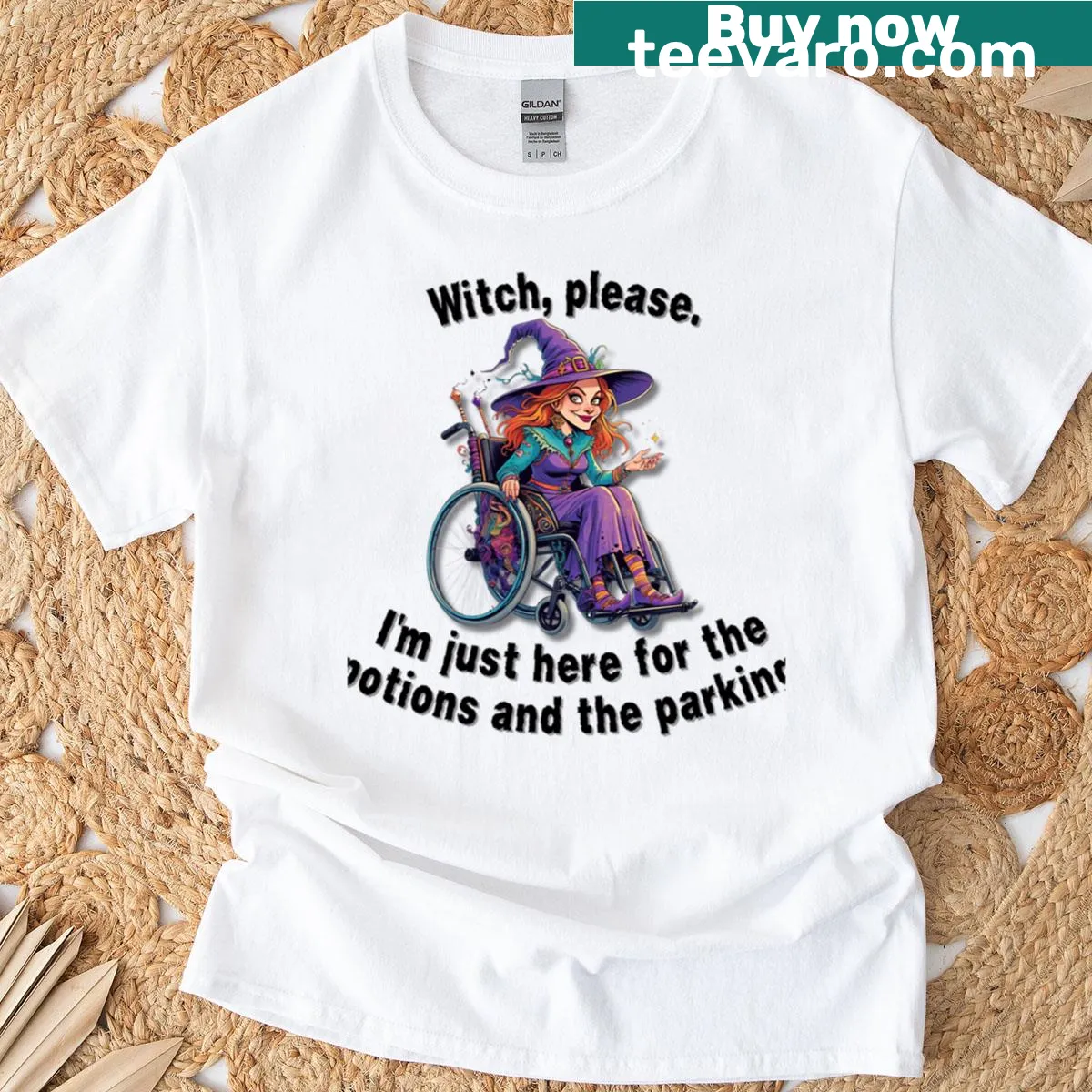 Graphic of a wheelchair witch with magical elements on a t-shirt — on a men's t-shirt