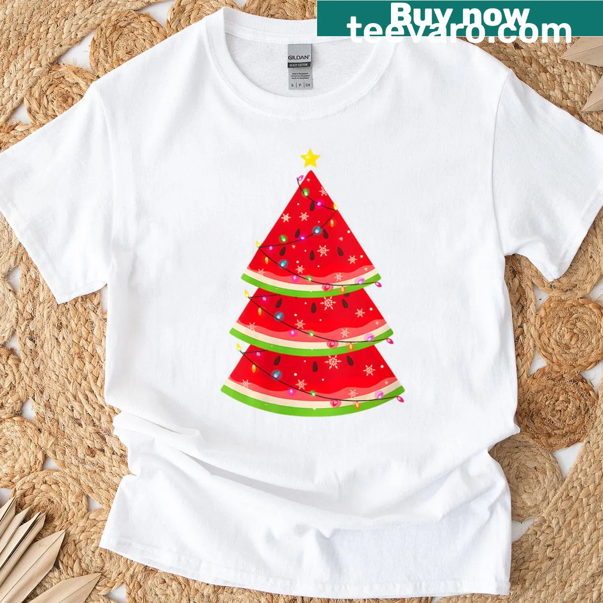 Whimsical watermelon Christmas tree illustration on a t-shirt — on a men's t-shirt