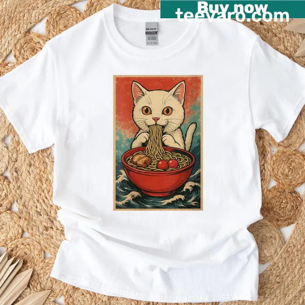 Vintage-style T-shirt featuring a cute kitten and ramen noodles