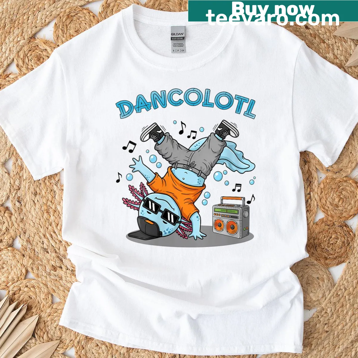 Cute axolotl graphic illustration on a hip-hop themed T-shirt — on a men's t-shirt