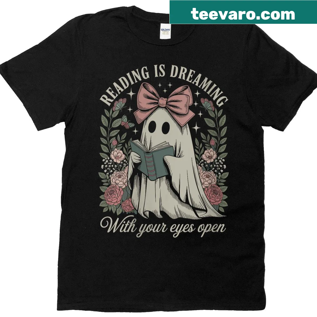 Cute ghost T-shirt with 'Reading Is Dreaming With Your Eyes Open' text — on a men's t-shirt