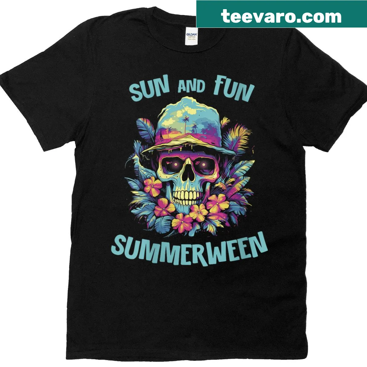 Floral Summerween shirt featuring flowers and skeleton motifs — on a men's t-shirt