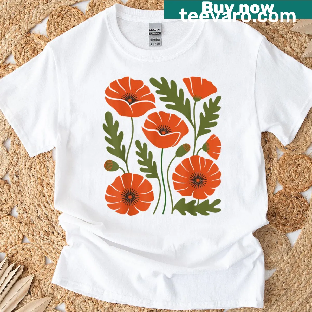 Vintage floral graphic of poppies on a women's t-shirt — on a men's t-shirt