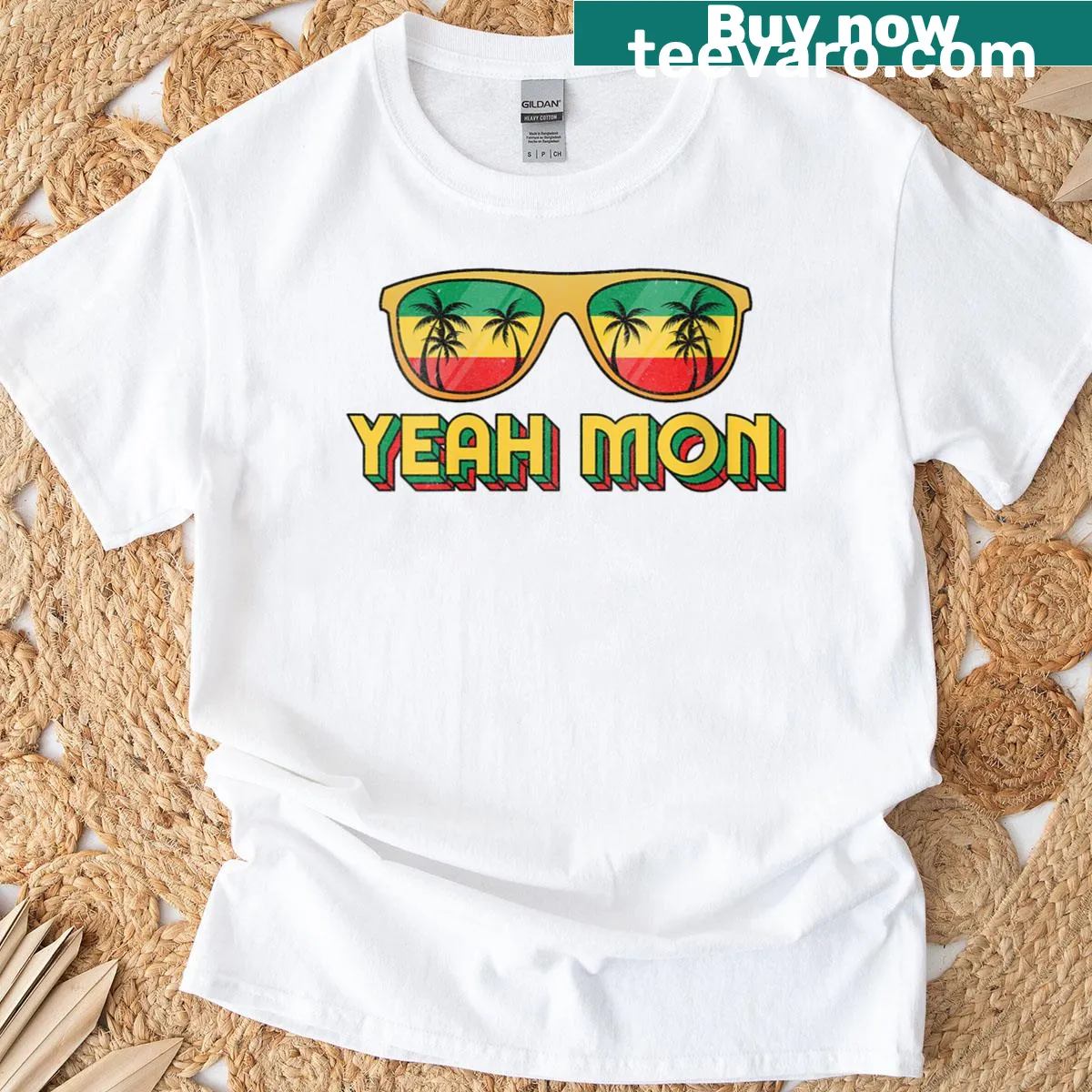 Casual T-shirt featuring reggae-themed sunglasses and cheerful text. — on a men's t-shirt