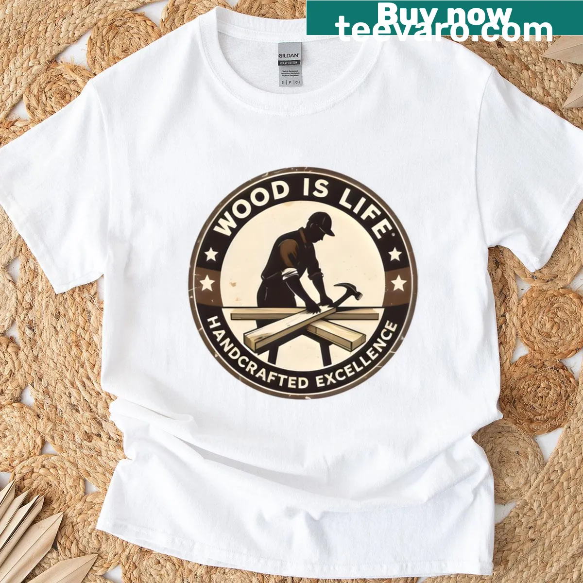 T-shirt celebrating woodworking and handcrafted excellence. — on a men's t-shirt