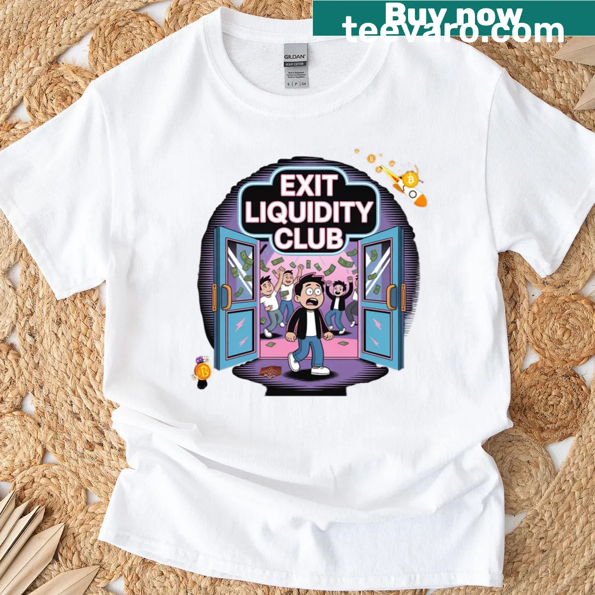 Crypto-themed T-shirt with a phrase about exit liquidity. — on a men's t-shirt