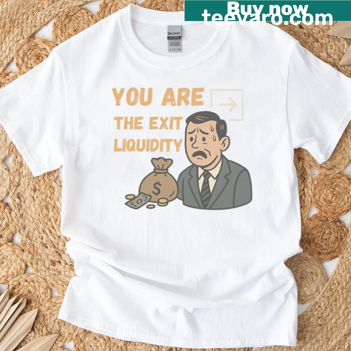 Playful T-shirt with the phrase about exit liquidity — on a men's t-shirt