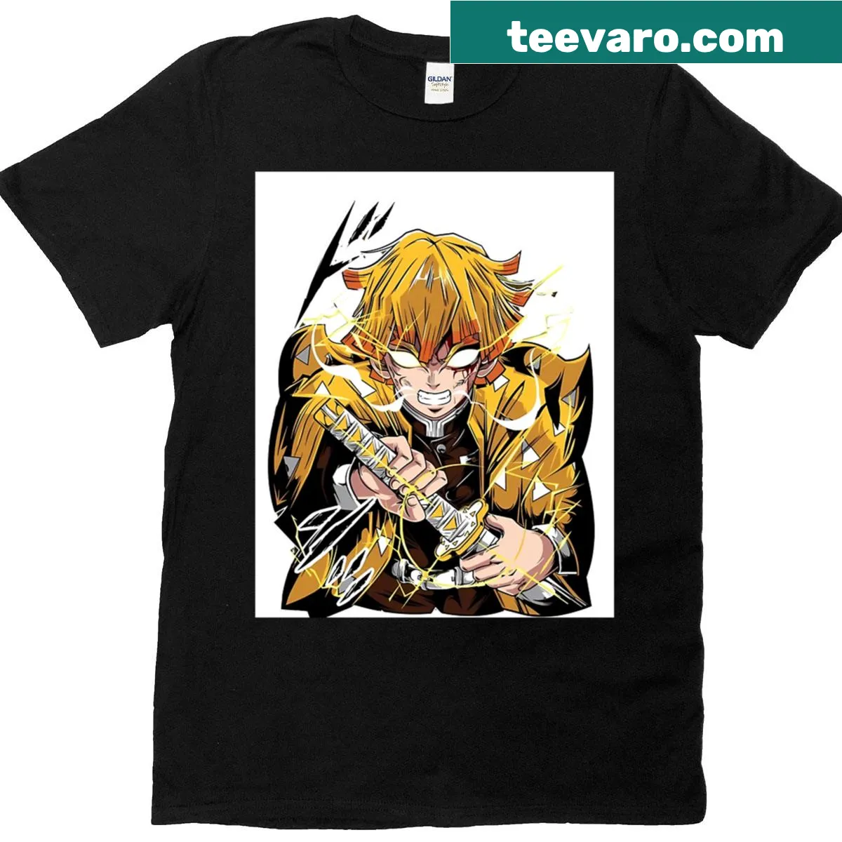 Graphic T-shirt featuring Zenitsu from anime — on a men's t-shirt