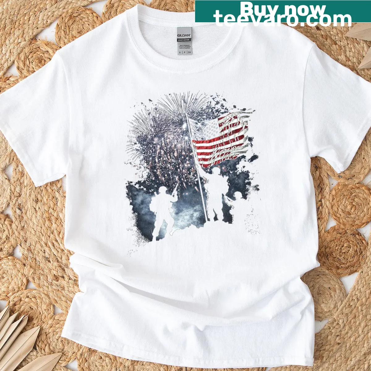 Patriotic graphic featuring the American flag and fireworks — on a men's t-shirt
