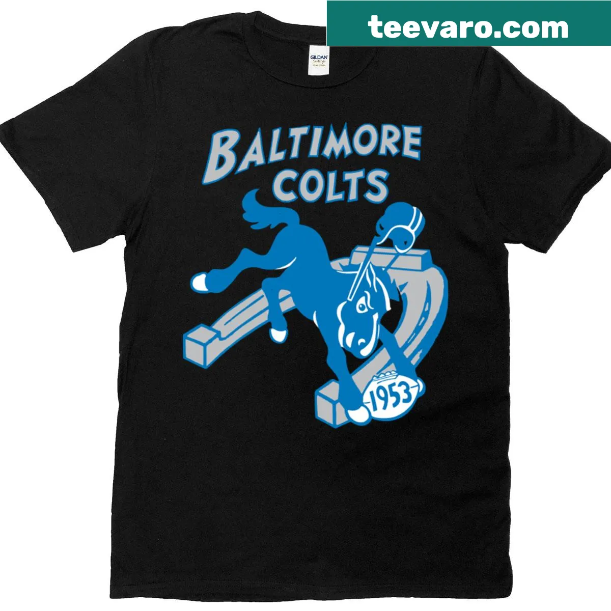 Vintage replica T-shirt featuring 1953 Baltimore Colts illustration — on a men's t-shirt