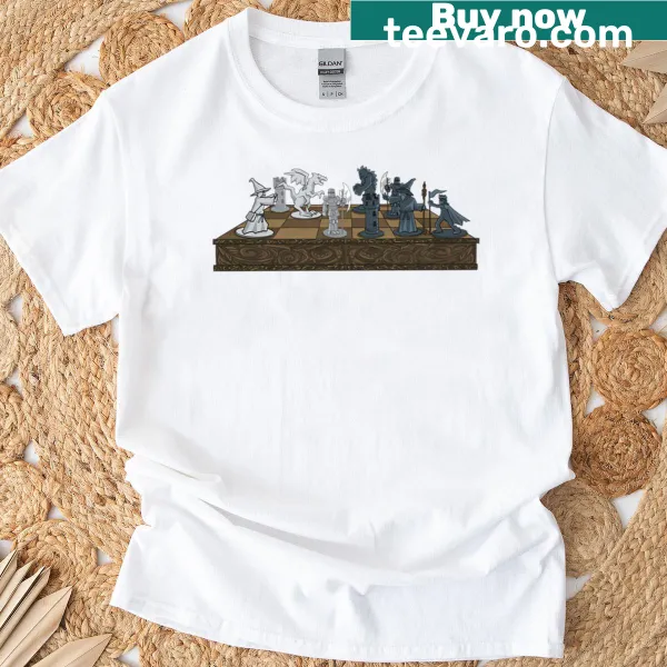 Illustration of a game board with chess and RPG elements on a t-shirt