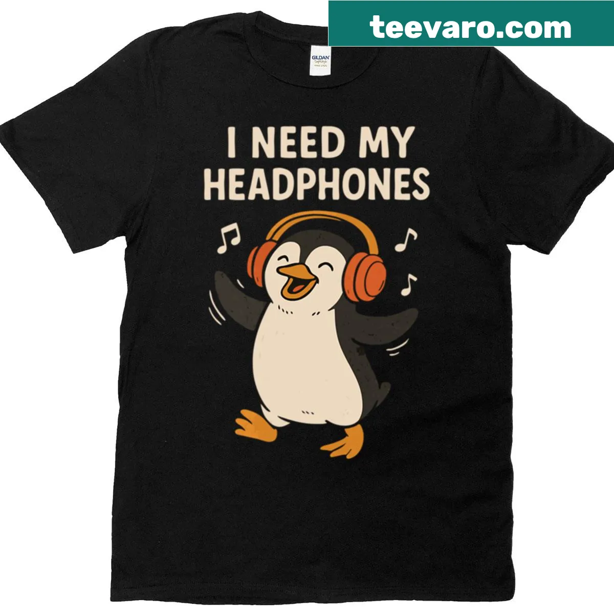 Cartoon penguin dancing with headphones on an oversized t-shirt — on a men's t-shirt