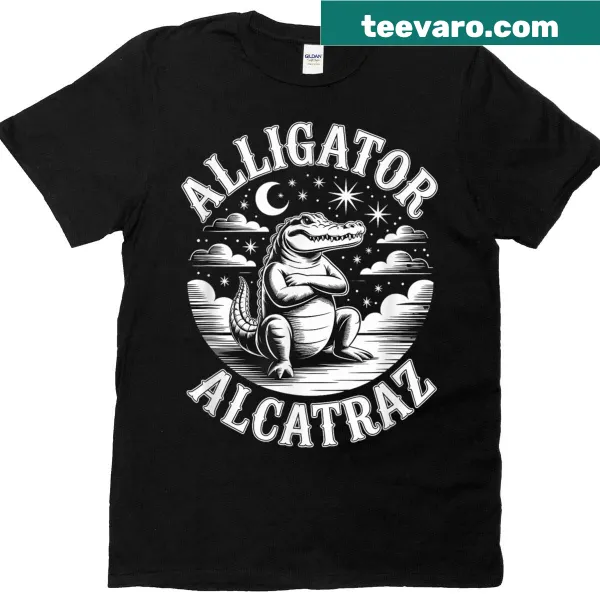 Playful illustration of an alligator with a prison theme on a T-shirt