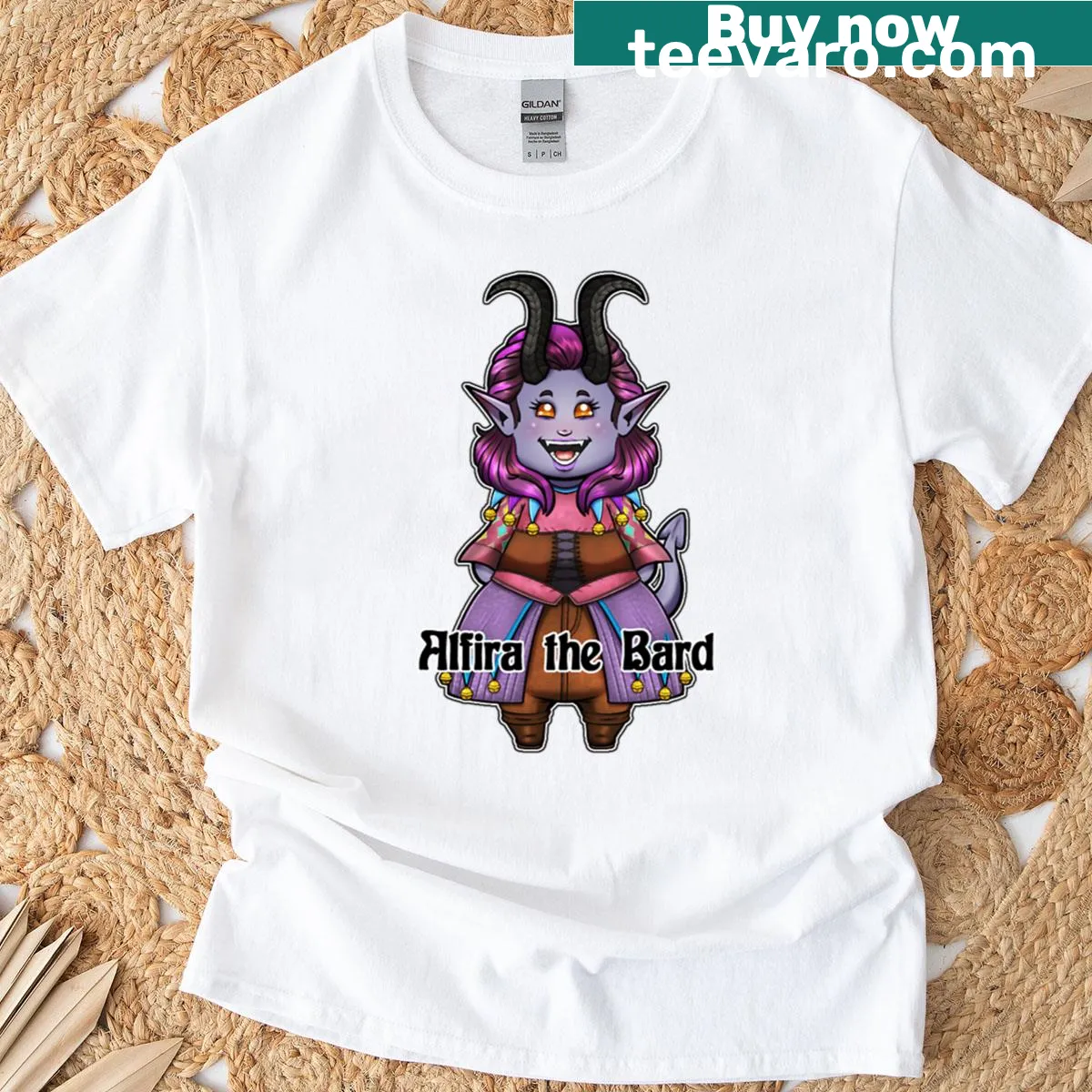 Illustration of Alfira the Bard with musical notes — on a men's t-shirt