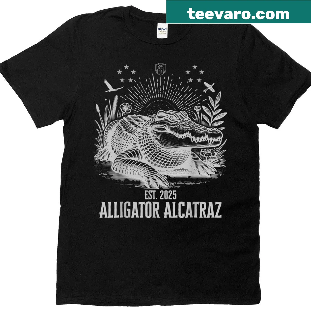 Playful alligator-themed t-shirt featuring repeated text — on a men's t-shirt