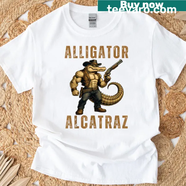 Cowboy alligator illustration on a playful t-shirt design