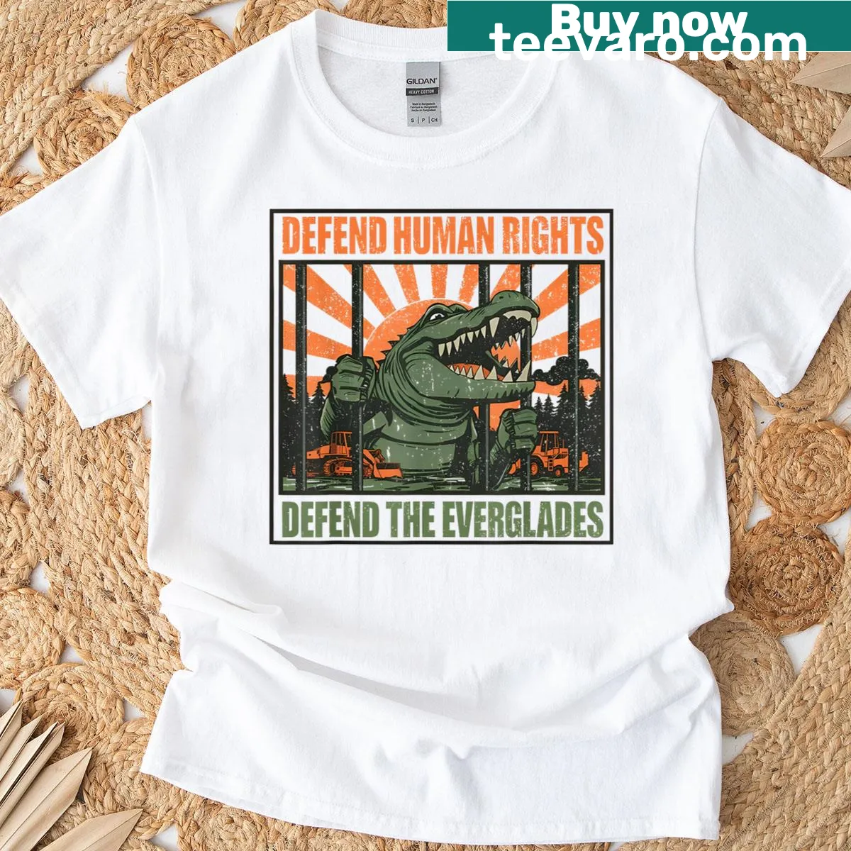 Alligator t-shirt with human rights and Everglades messages — on a men's t-shirt