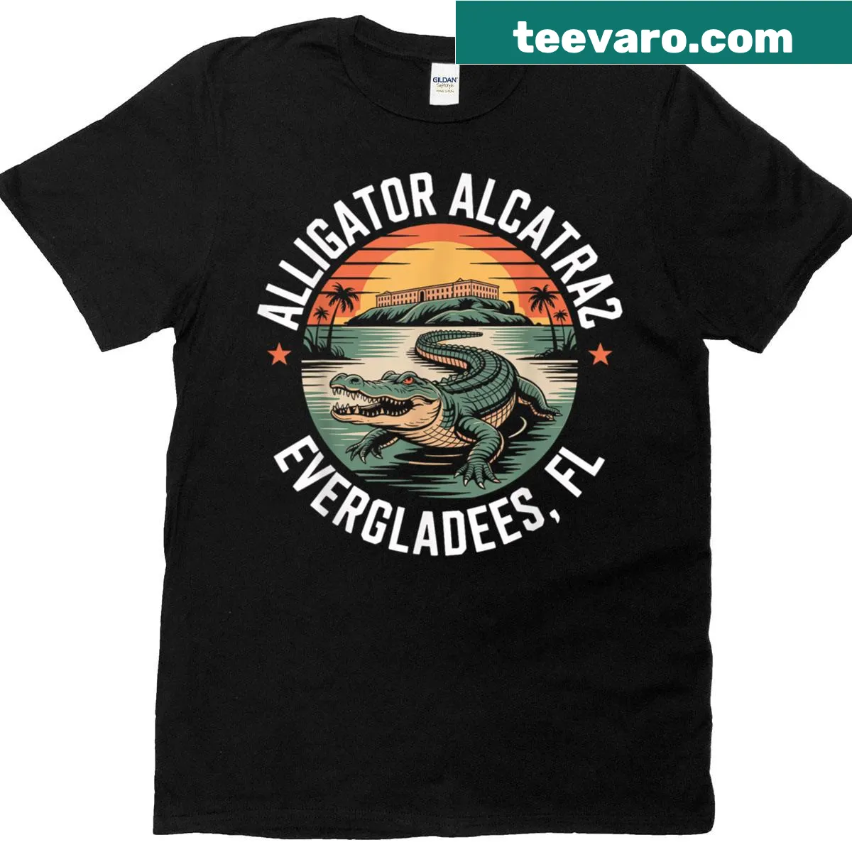 Retro-style T-shirt with a playful alligator design inspired by Alcatraz — on a men's t-shirt