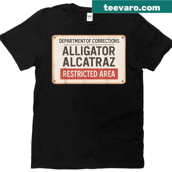 Humorous T-shirt with an alligator in a prison parody design