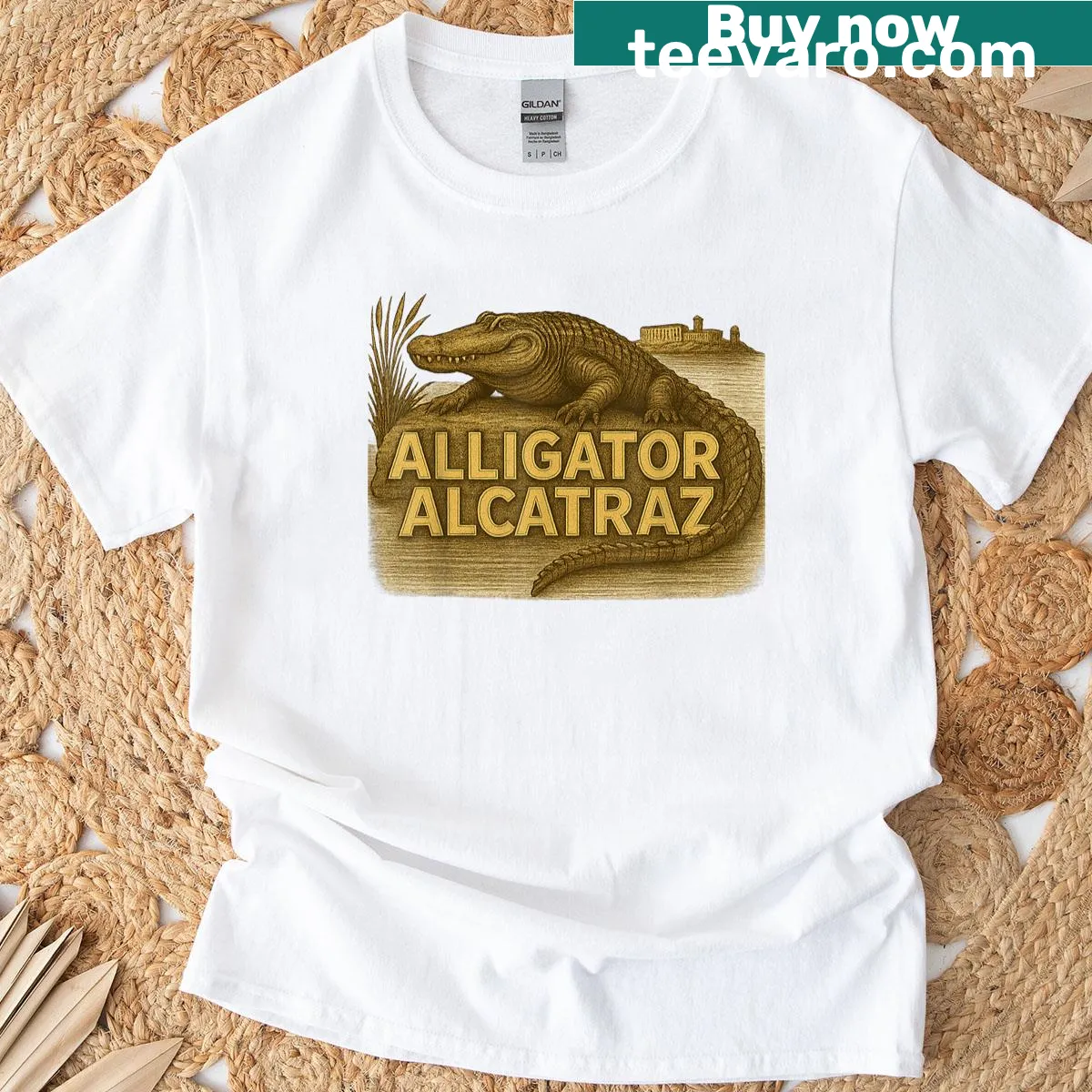 Funny alligator-themed parody T-shirt featuring Alcatraz design — on a men's t-shirt