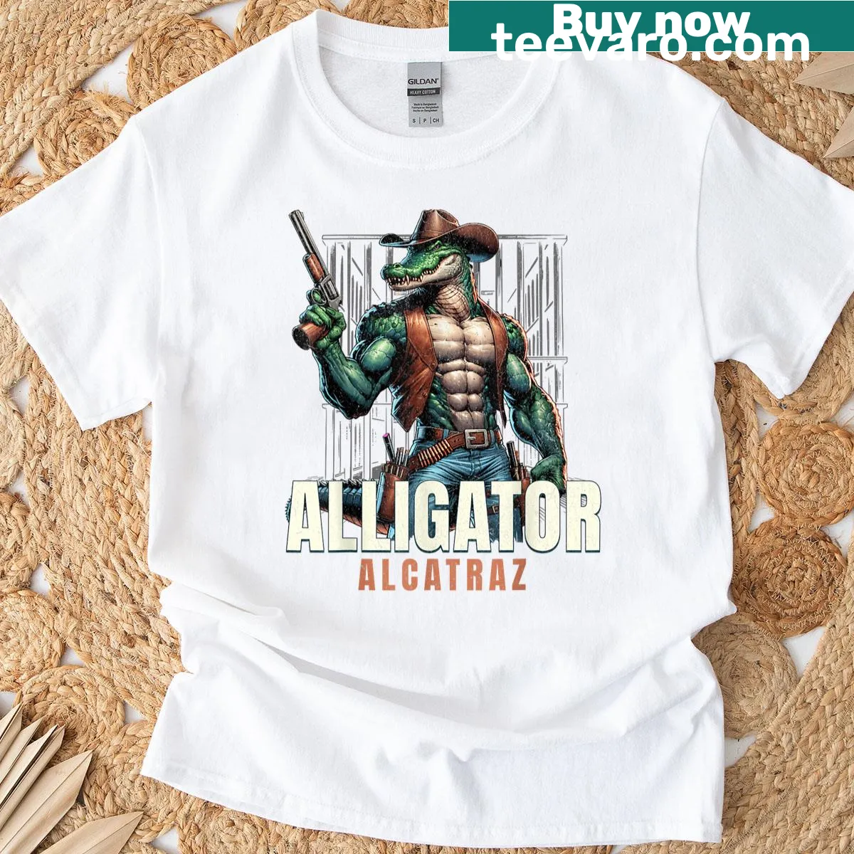Funny meme T-shirt with alligators and Alcatraz theme — on a men's t-shirt