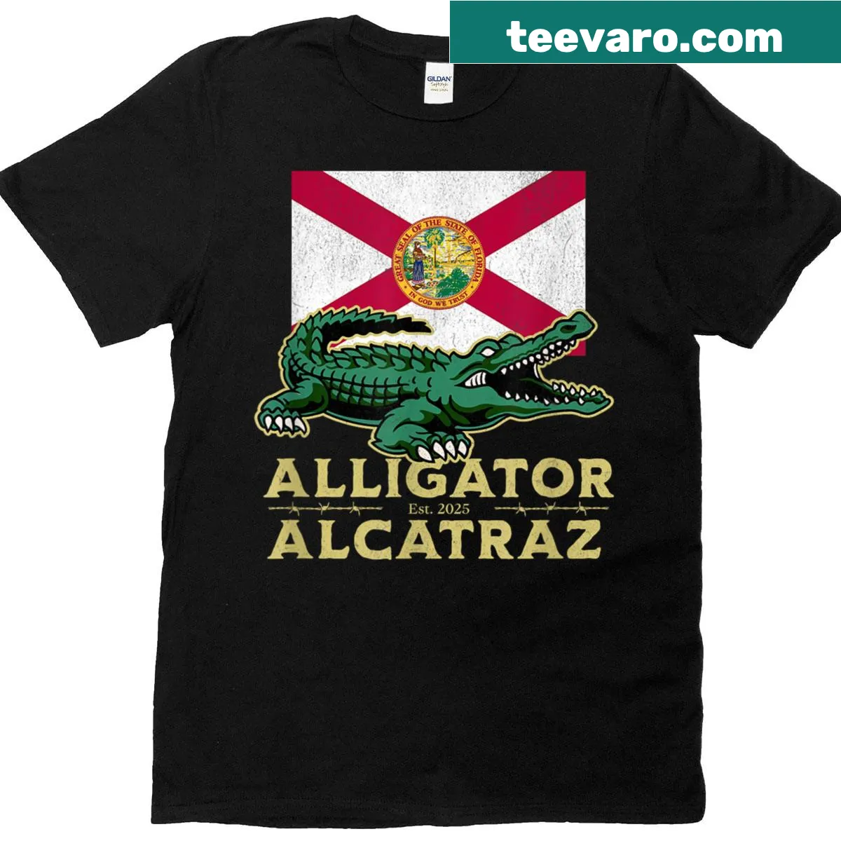 Alligator Alcatraz T-shirt with the Florida state flag — on a men's t-shirt