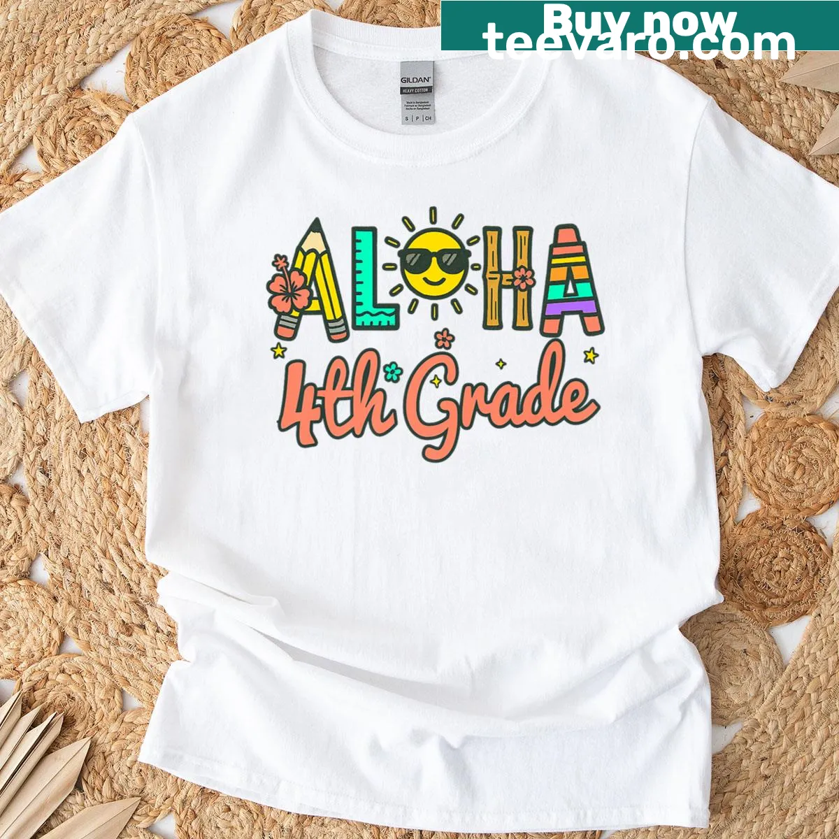 Aloha 4th Grade teacher t-shirt with a welcoming graphic — on a men's t-shirt
