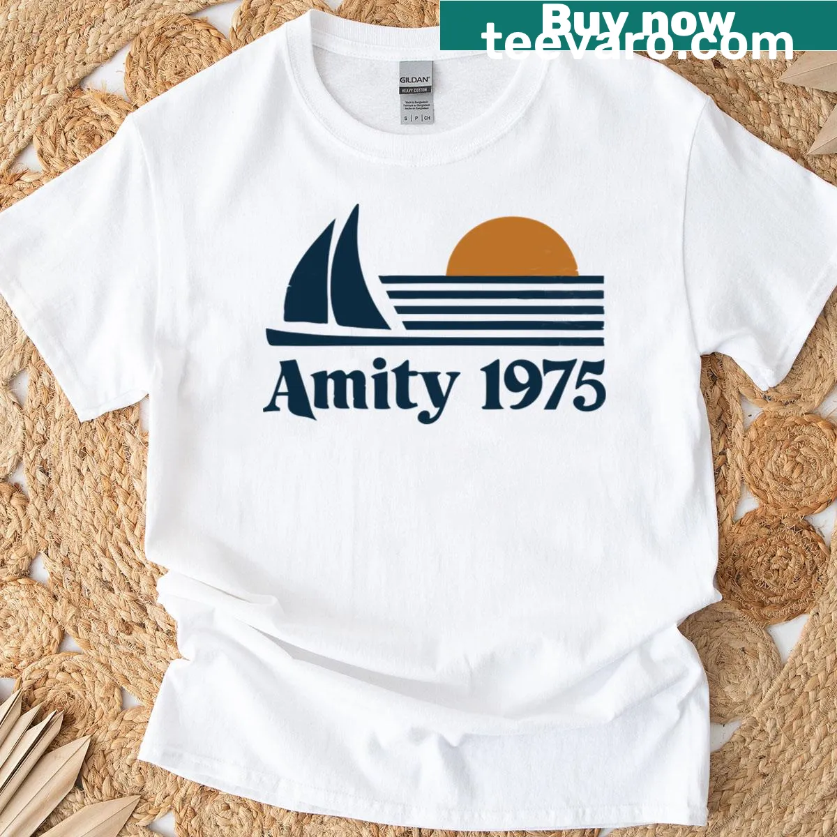 Vintage retro graphic inspired by Amity 1975 — on a men's t-shirt