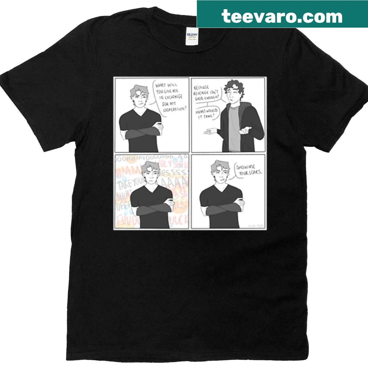 Illustrative T-shirt featuring a scene from Andreil — on a men's t-shirt