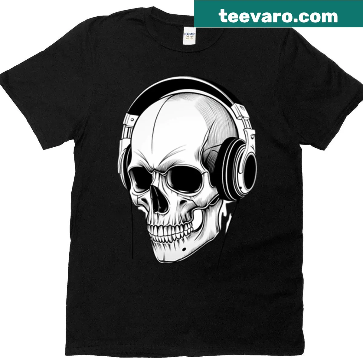 Black and white skull illustration with headphones graphic — on a men's t-shirt