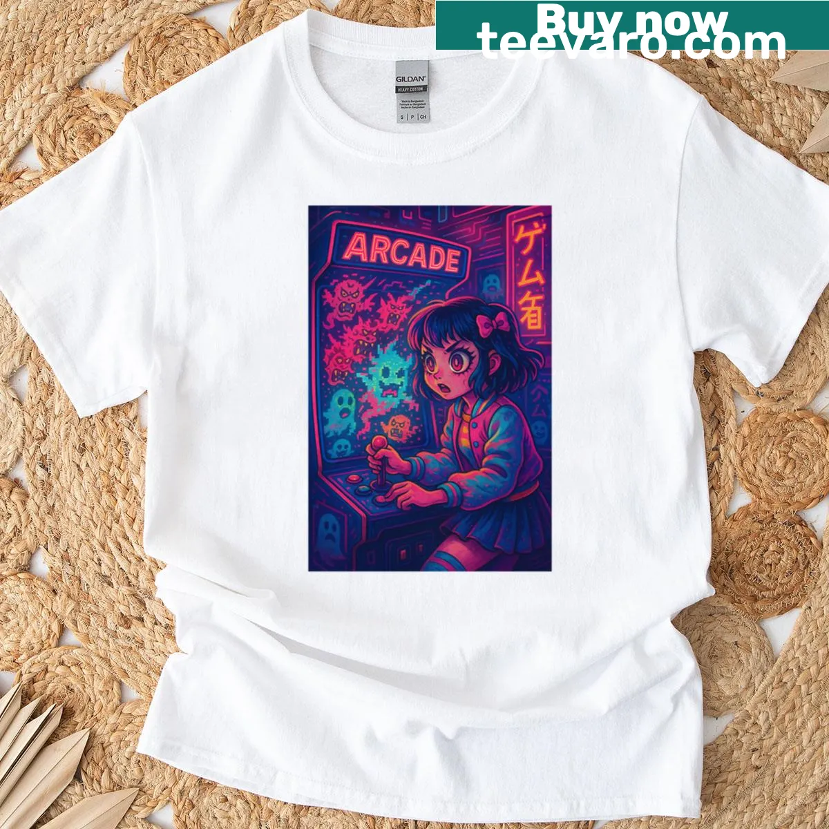 Pixelated yokai graphic on Anime Arcade Fever shirt — on a men's t-shirt