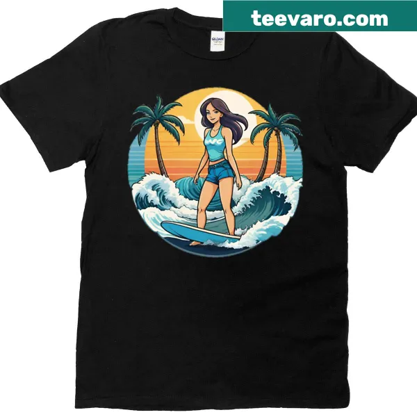 Surfer girl T-shirt featuring a brunette character riding the waves