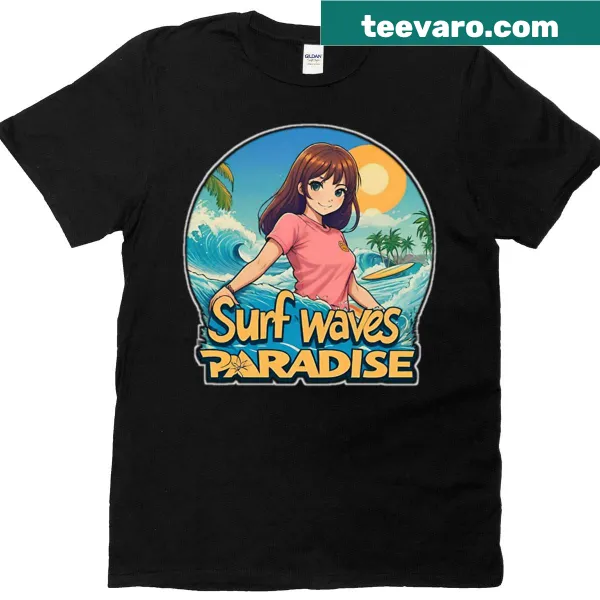 Anime surfer girl riding waves on a tropical T-shirt design