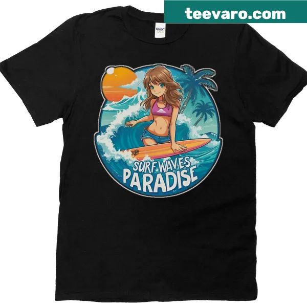 Anime surfer girl design featuring waves and summer vibes on a T-shirt